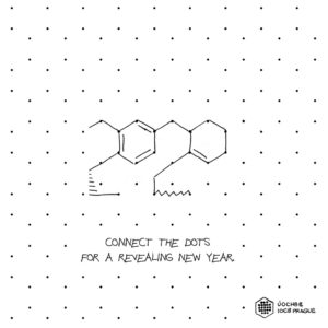 IOCB Prague new year card: a chemical structure drawn as a connect-the-dots puzzle with the greeting “Connect the dots for a revealing new year”
