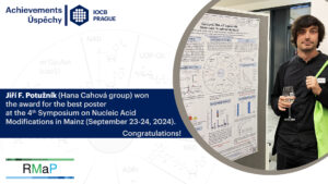 IOCB Prague card congratulating Jiří F. Potužník on the best poster award at the 4th Symposium on Nucleic Acid Modifications in Mainz, showing him beside his poster